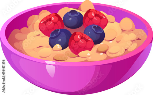 Oatmeal porridge bowl icon, food cooking process and breakfast meal, isolated vector. Oatmeal porridge or muesli with berries for healthy food cooking or meal processing and preparation kitchenware