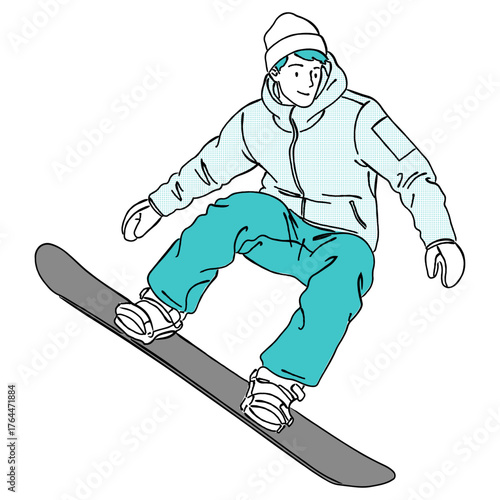 スノーボード（スノボ）をする男性の線画イラスト,ウィンタースポーツ,雪山,冬,アクティビティ