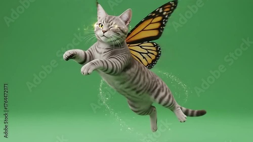 Whimsical Tabby Cat with Monarch Butterfly Wings Flying Against Green Background.