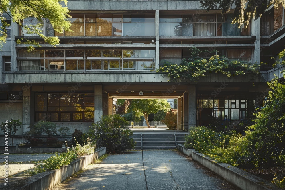 Fototapeta premium Concrete pathway leading through brutalist architecture building to green courtyard with trees and bushes