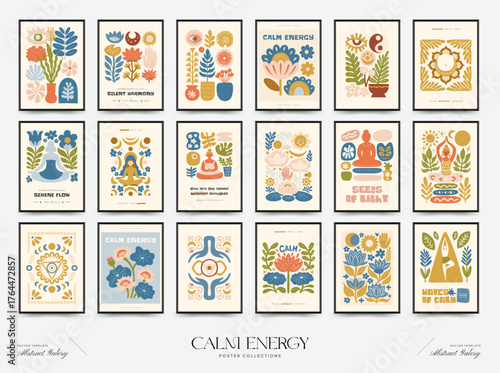 A modern set of vector posters inspired by meditation and calm energy. Abstract yoga poses, soft organic shapes, and serene design — perfect for wall art and mindful interiors.