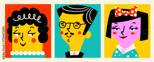 A trendy set of retro vector avatars featuring diverse, stylized human portraits. These bold, pop art inspired characters are perfect for social media profiles, modern branding, and digital apps