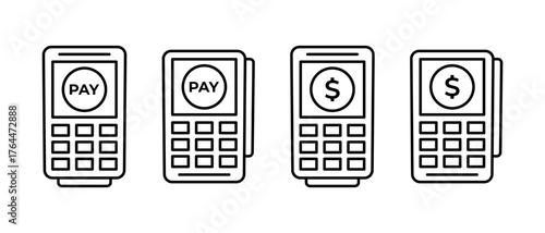 Pos terminal icons set. Credit cards, POS terminal, pay with bank card