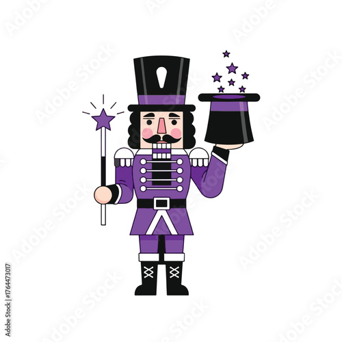 Cartoon illustration of a purple nutcracker magician holding a magic wand and a top hat with stars emerging, performing a trick.