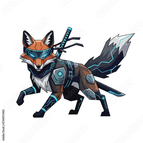 Futuristic Cybernetic Fox with Glowing Blue Accents and Katana.
