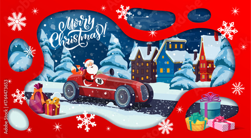Christmas paper cut banner with Santa on racing car, winter town landscape. Red vector holiday card with pine trees and gift boxes on the snow. Santa Claus in costume ride car with orange squirrel