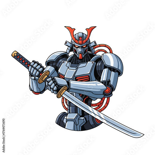 Futuristic Samurai Robot Warrior with Katana Sword Illustration.