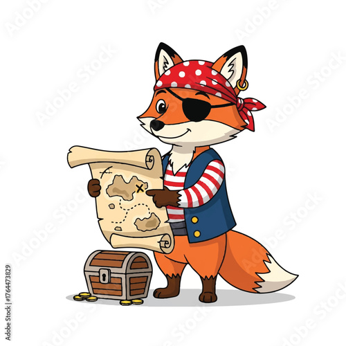 Cute cartoon fox pirate with eye patch and bandana holding a treasure map.