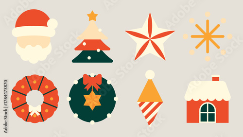 Flat vector style Christmas icons in red, green, and gold. Flat vector style includes Santa, tree, star, wreath, and house designs. Aesthetic flat graphic illustration festive holiday element set.