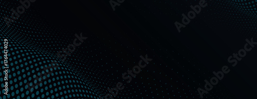Black with blue halftone gradient background. Black with blue gradient halftone banner vector background. Black background halftone texture. Minimal black with blue halftone vector background