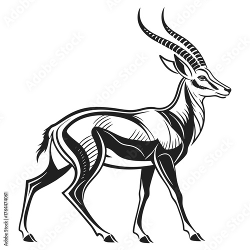 detailed illustration, black and white, highly detailed, intricate, engraved, wood carving style, antelope, horns, graceful, standing, profile view, sharp lines, geometric patterns, dynamic, powerful,