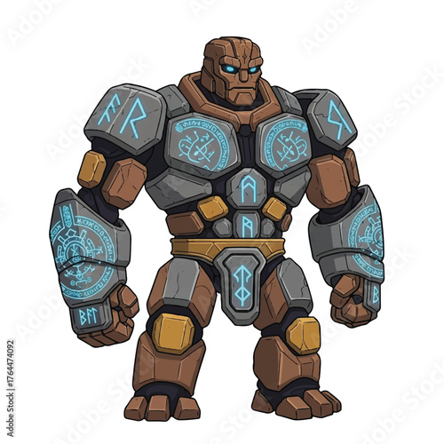 Mighty Stone Golem with Glowing Runes Fantasy Character Illustration.
