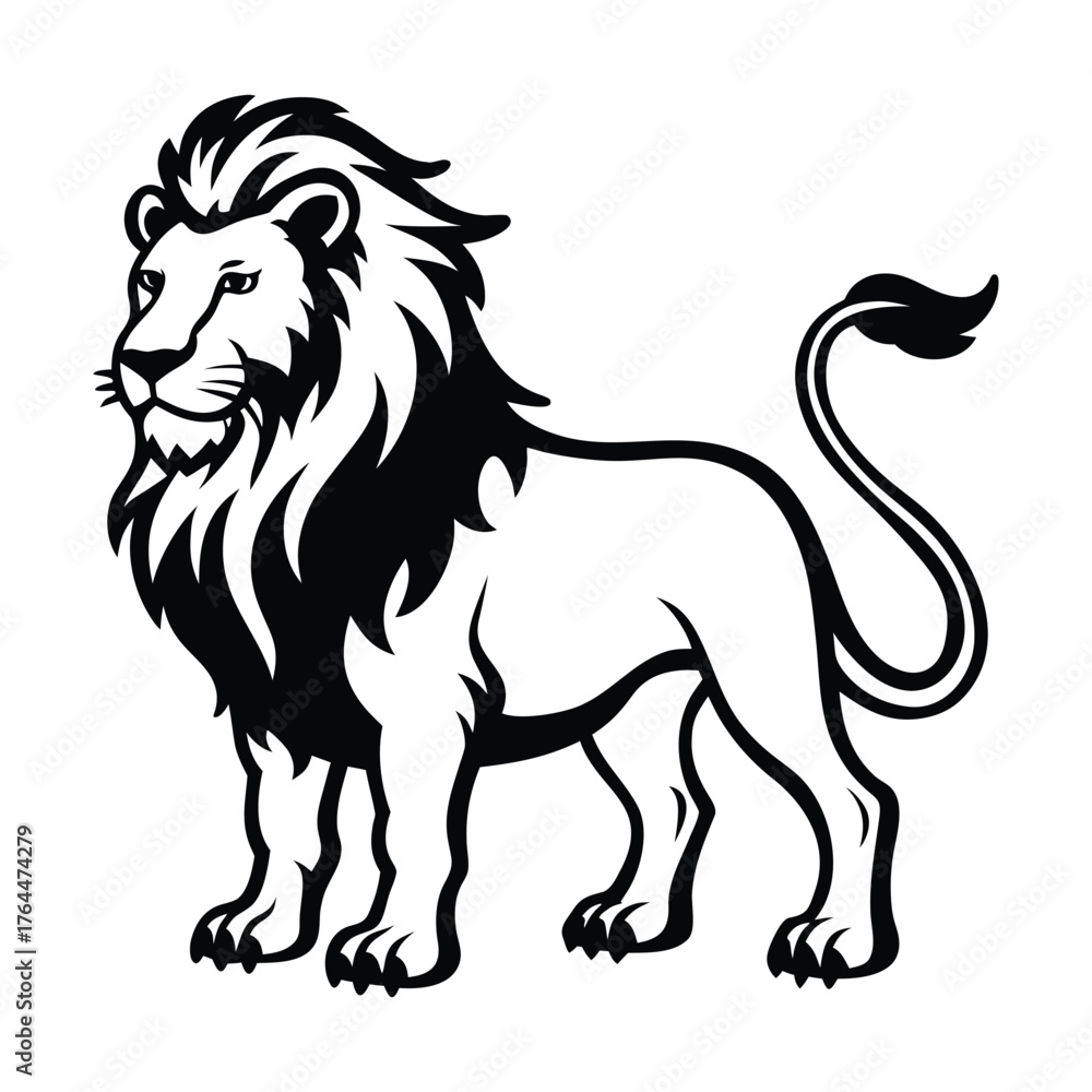 Obraz premium a black and white vector illustration of a powerful and majestic lion, with a detailed muscular form, fierce expression, flowing mane, strong haunches, and dynamic pose. 
