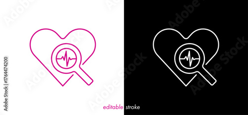 Healthy heart, heart disease patient test icon design. Zoom magnifier, ekg line, editable stroke heart vector design to use for healthcare, healthy lifestyle, medical laboratory, cardiology project.