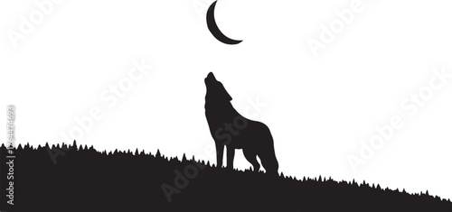 Silhouette of a Howling Wolf under the Crescent Moon in a Minimalist Design