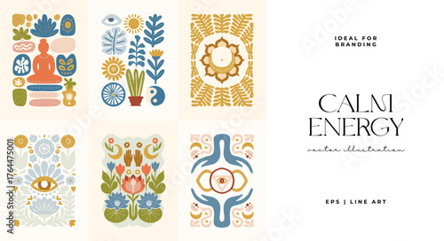 Minimal vector illustration inspired by meditation and calm energy. Features yoga poses, abstract shapes, and natural harmony — perfect for mindful design and modern wall art.