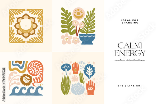 Minimal vector illustration inspired by meditation and calm energy. Features yoga poses, abstract shapes, and natural harmony — perfect for mindful design and modern wall art.