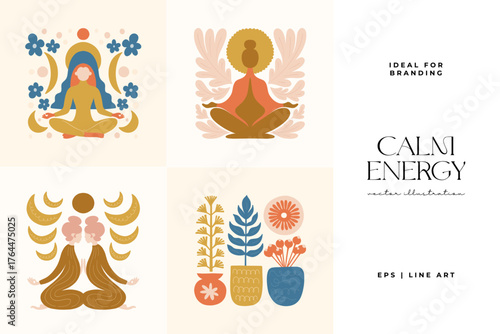 Minimal vector illustration inspired by meditation and calm energy. Features yoga poses, abstract shapes, and natural harmony — perfect for mindful design and modern wall art.