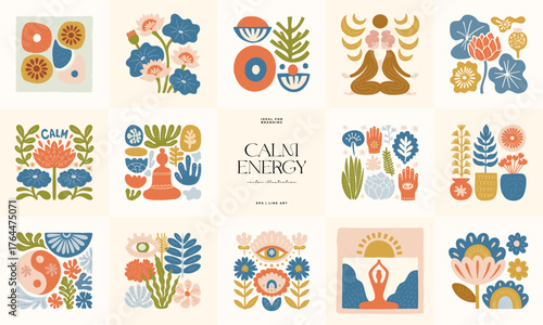 Minimal vector illustration inspired by meditation and calm energy. Features yoga poses, abstract shapes, and natural harmony — perfect for mindful design and modern wall art.