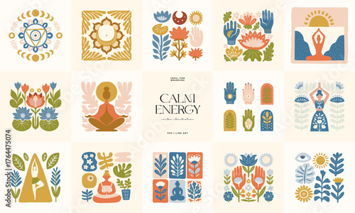 Minimal vector illustration inspired by meditation and calm energy. Features yoga poses, abstract shapes, and natural harmony — perfect for mindful design and modern wall art.