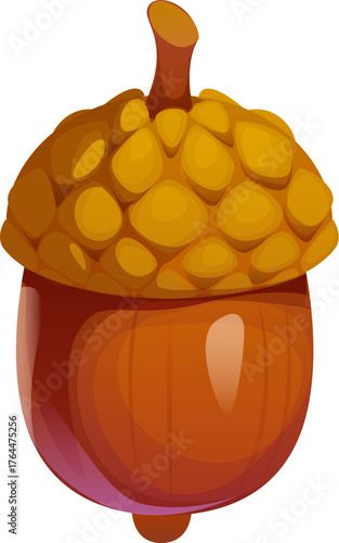 Cartoon autumn fall season acorn, oak tree seed. Isolated vector forest vegetation plant, fallen wood foliage. Woodland plant, brown nut from the oak tree, feature glossy shell and bumpy cap