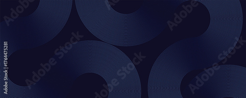 Modern dark blue abstract horizontal banner background with glowing geometric lines. Shiny blue diagonal rounded lines pattern. Futuristic concept. Suit for cover, brochure, presentation, flyer, eps10