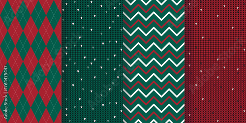 Set of Christmas seamless patterns in classic red and green. Backgrounds with diamonds, zigzags, imitation knitted sweaters. Festive cozy, atmospheric prints for textiles, packaging, wallpaper, vector