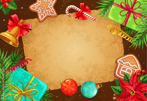 Merry Christmas cookies and scroll parchment paper decorated with gingerbread cookies, candy cane, shiny baubles, wrapped gifts and festive pine branches on a wooden cartoon vector rustic background
