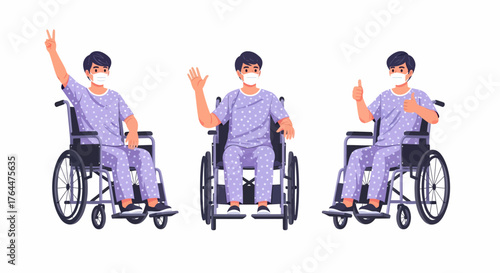 Three illustrations of a young man in a wheelchair wearing a mask and hospital gown, making different hand gestures.