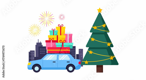 A blue car loaded with Christmas presents drives through a city with a decorated Christmas tree and fireworks.