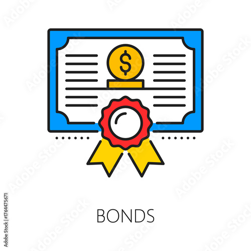 Investment bonds, finance color line icon or label. Business capital lineart vector pictogram, investor fund thin line icon. Trade company symbol or sign with bond or share certificate document