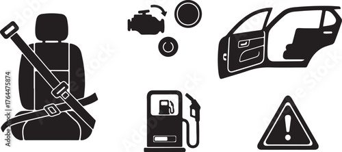 Automotive icons safety features dashboard gas pump car interior and warning signs collection