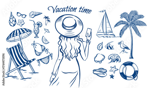 Young woman in a hat resting on a sunny beach and taking pictures with a smartphone. Vacation at sea set of vector illustrations on various marine themes