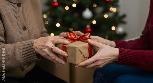 Close-up of hands of senior and young woman holding a present at Christmas.