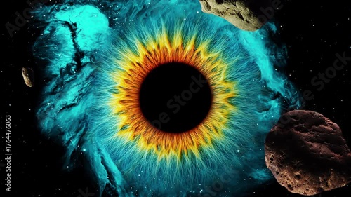 A rotating nebula shaped like a giant human eye with passing spinning asteroids against a starry sky with falling meteors. 4K video animation 60 fps.