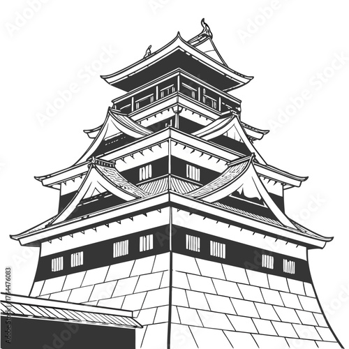 Kumamoto Castle Vector Illustration Reconstructed Towers. Perfect for tourism posters, cultural branding, history education