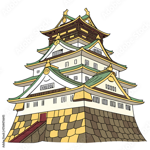Osaka Castle Vector Illustration Golden Fortress. Perfect for Japanese travel branding, cultural tourism designs, educational materials