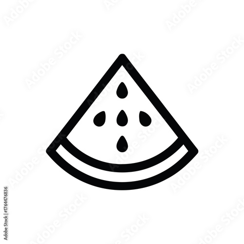 Minimalist watermelon slice with seeds represented in black outline on white background
