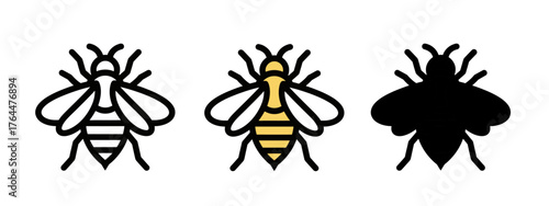 Three Bee Icons in Outline Style, Showing Detailed Wing and Body Structure