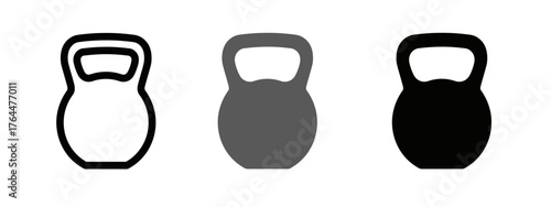 Three kettlebell weights shown in black, gray and outline on a white background