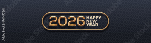 Luxury Happy New Year 2026 Golden 3D Text with Elegant Frame on Dark Patterned Background Vector Illustration.