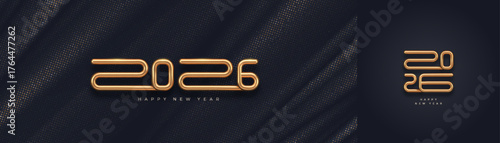 Luxury 3d Golden 2026 New Year Typography Vector Design Set with Dark Textured Halftone Backgrounds.