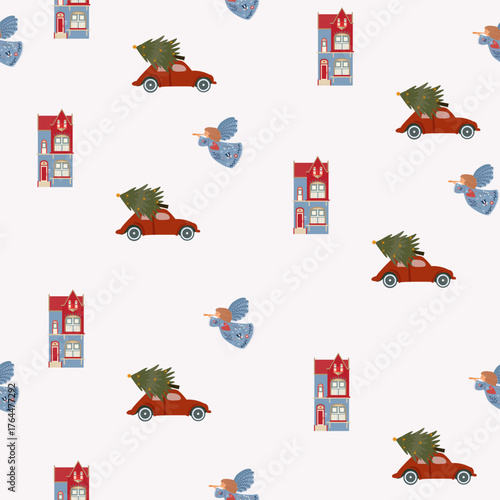 Seamless pattern Christmas and New Year Pattern with a house, car, and angel Vector seamless pattern