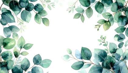 Watercolor eucalyptus leaves frame a clean, white background. The foliage is green with hues of blue. Serene and natural
