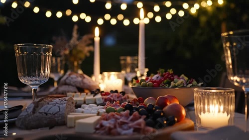 Elegant outdoor evening dinner setup with candlelit table, wine glasses, floral centerpiece, string lights, and festive ambiance for special celebrations and romantic gatherings