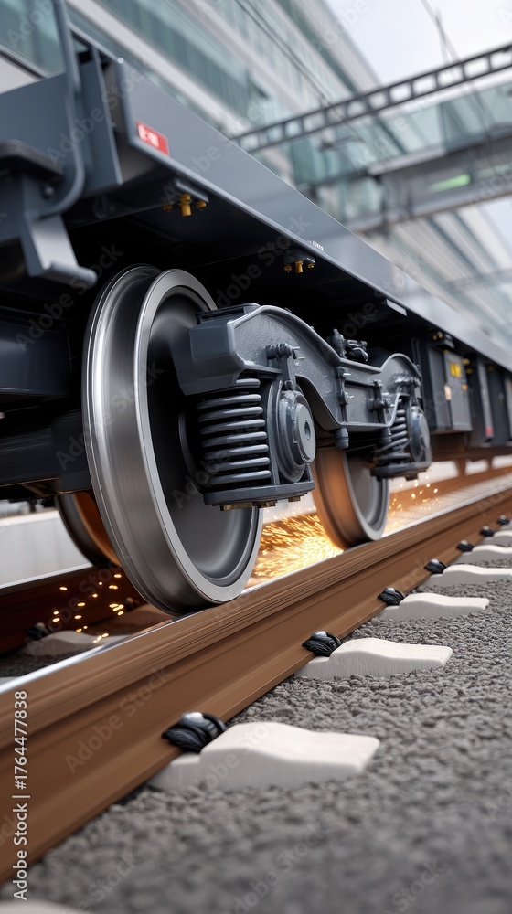 Fototapeta premium Railway wheels creating sparks on steel tracks during a journey at high speed in an urban environment