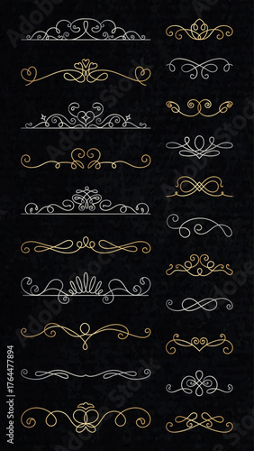 Vector set. Elegant vintage dividers with intricate swirls and flourishes. Decorative elements for invitations and designs. Swirls and flourishes in gold and silver. Hand drawn ornament vector set.