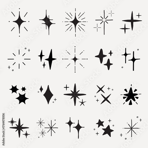 Collection of various black star and sparkle icons on a white background. Different star shapes and sparkle designs in a minimalist style. Element vector set.