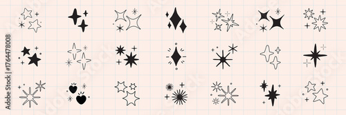 Collection of star and sparkle icons. Various star shapes and sparkle designs. Star and sparkle motifs in a grid. Star and sparkle symbols in black. Element vector set.