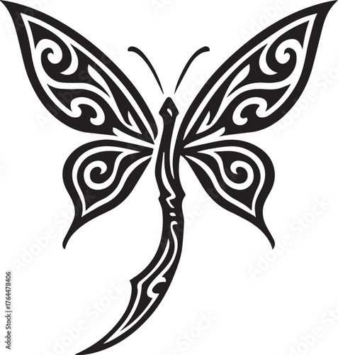Tribal tattoo design of a butterfly symbolizing freedom and hidden strength.